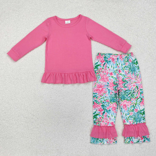 GLP1461 Hotpink Top Flowers Seaweed Pants Girls Fall Clothes Set