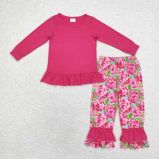 GLP1462 Hotpink Top Flowers Pants Girls Fall Clothes Set