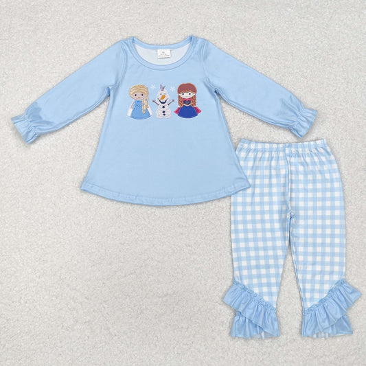 GLP1484 Cartoon Princess Blue Tunic Top Plaid Pants Girls Fall Clothes Set