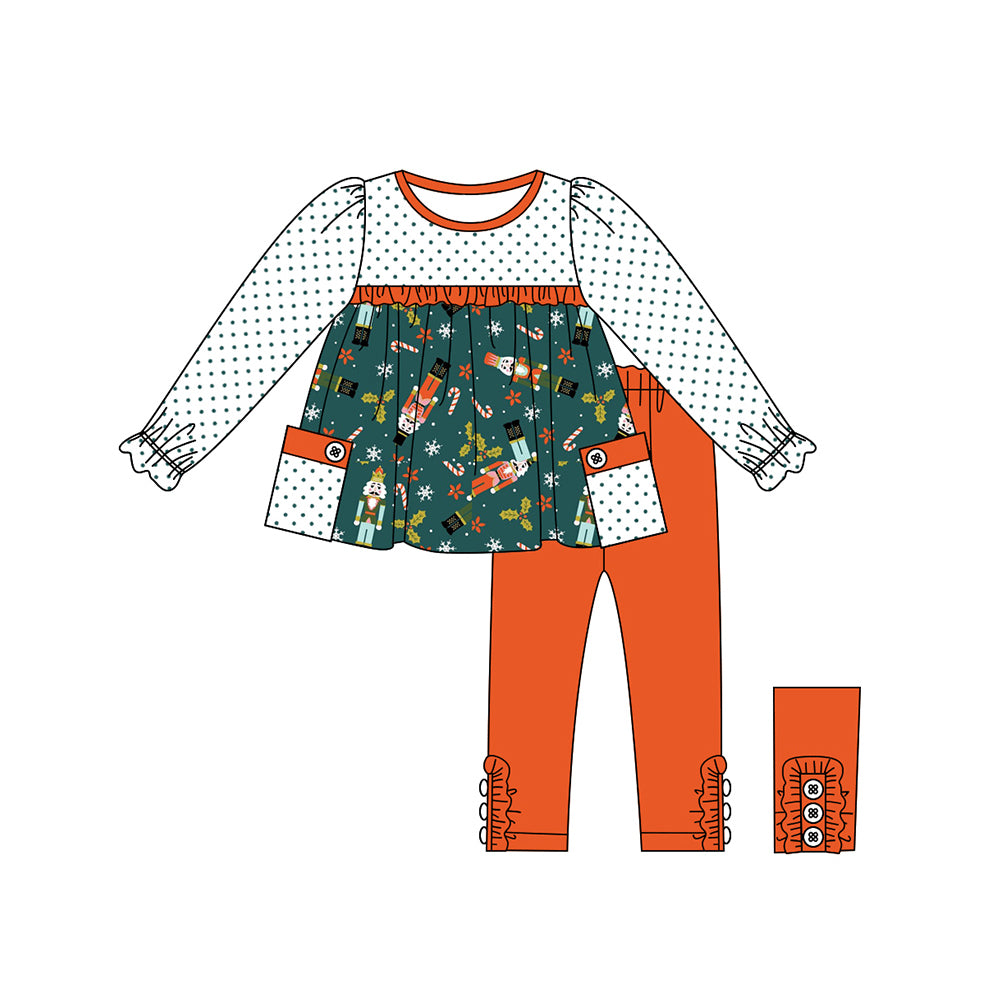 (Pre-order)GLP1485 Nutcracker Holly Tunic Top Orange Pants Girls Christmas Clothes Set
