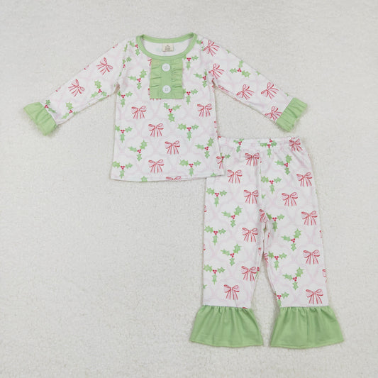 GLP1487 Pink Bows Holly Print Girls Christmas Bamboo Pajamas Clothes Set