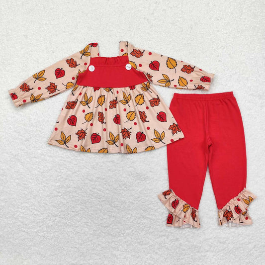 GLP1503 Leaves Tunic Top Red Pants Girls Fall Clothes Set