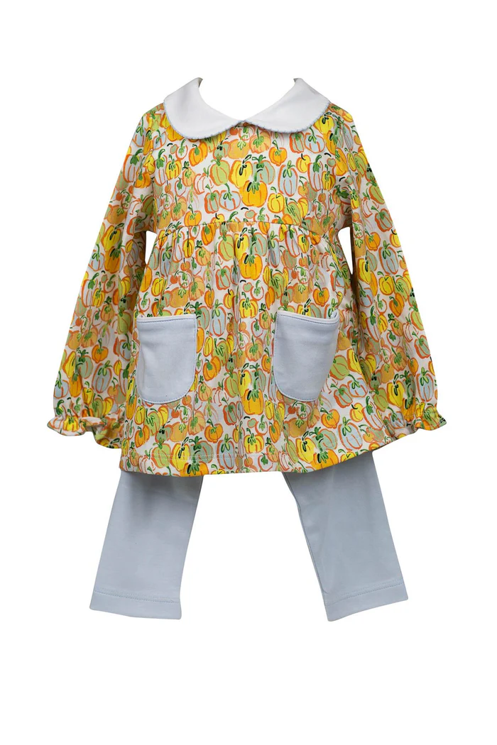 (Pre-order)GLP1504 Pumpkin Tunic Top Grey Pants Girls Fall Clothes Set