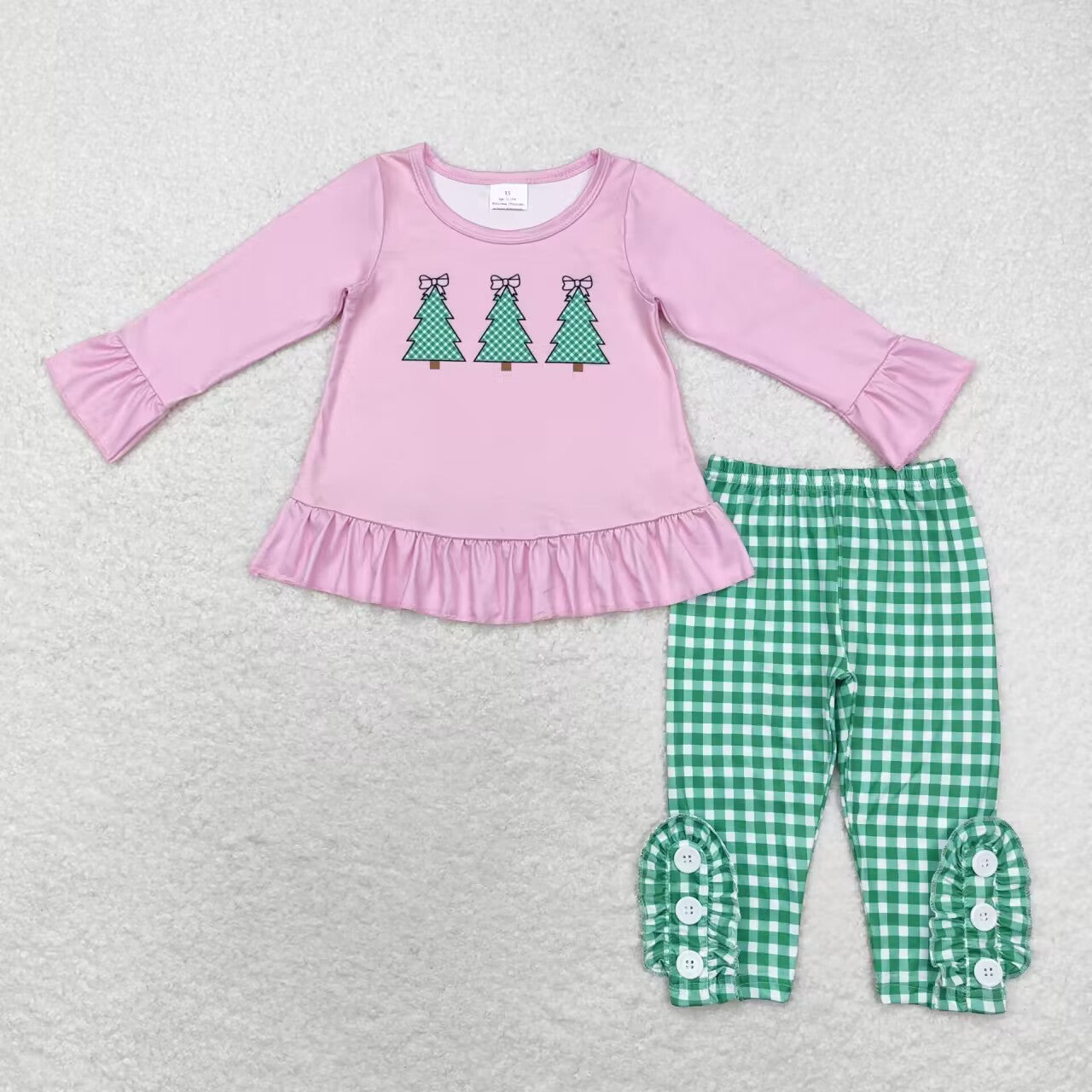 GLP1505 Tree Pink Tunic Top Plaid Pants Girls Christmas Clothes Set