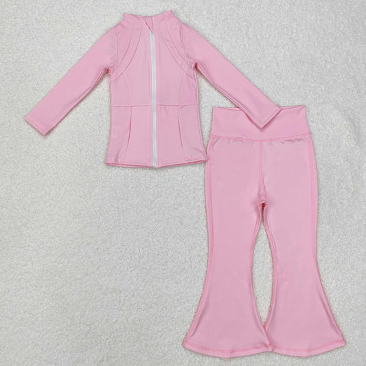 GLP1557 Light Pink Color Zipper Jackets Top Bell Pants Girls Yoga Clothes Set