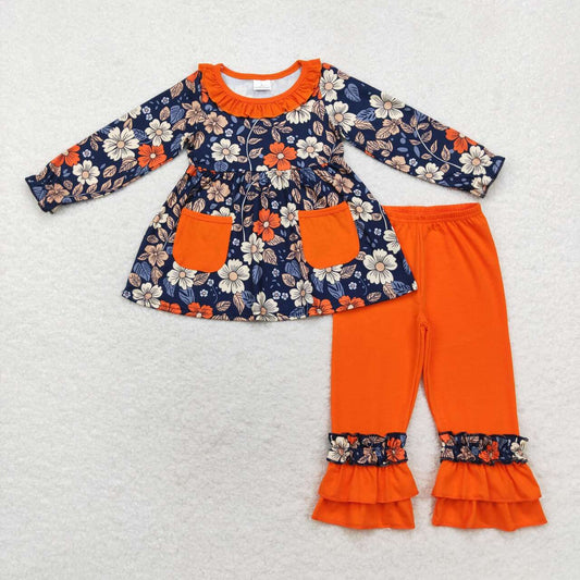 GLP1564  Flowers Pocket Tunic Top Orange Pants Girls Fall Clothes Set