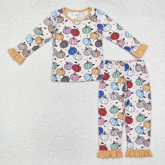 GLP1584 Colorful Pumpkin Print Girls Fall Bamboo Pajamas Clothes Set