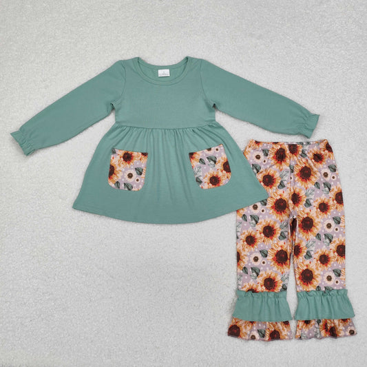 GLP1612 Green Pockets Tunic Top Sunflowers Ruffle Pants Girls Fall Clothes Set