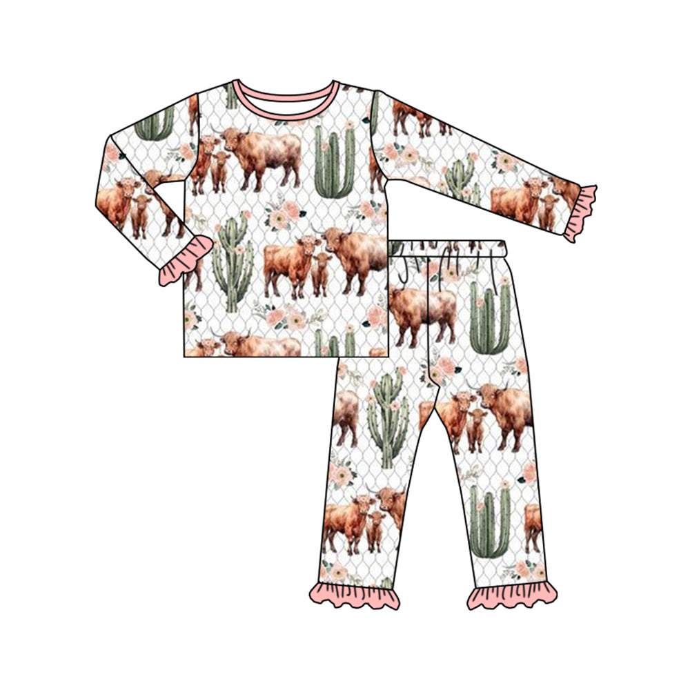 (Pre-order)GLP1634 Highland Cow Cactus Print Girls Fall Pajamas Clothes Set