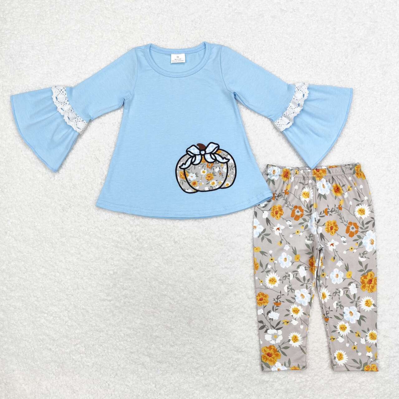 GLP1639 Blue Pumpkin Embroidery Tunic Top Flowers Pants Girls Fall Clothes Set