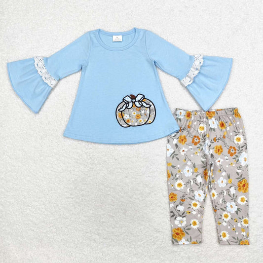 GLP1639 Blue Pumpkin Embroidery Tunic Top Flowers Pants Girls Fall Clothes Set