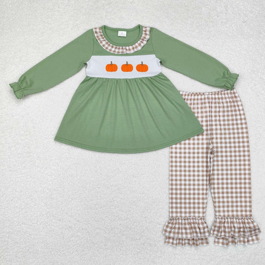 GLP1649 Pumpkin Embroidery Green Tunic Top Plaid Pants Girls Fall Clothes Set