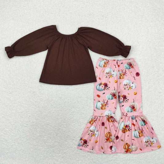 GLP1652 Brown Top Pumpkin Flowers Bell Pants Girls Fall Clothes Set