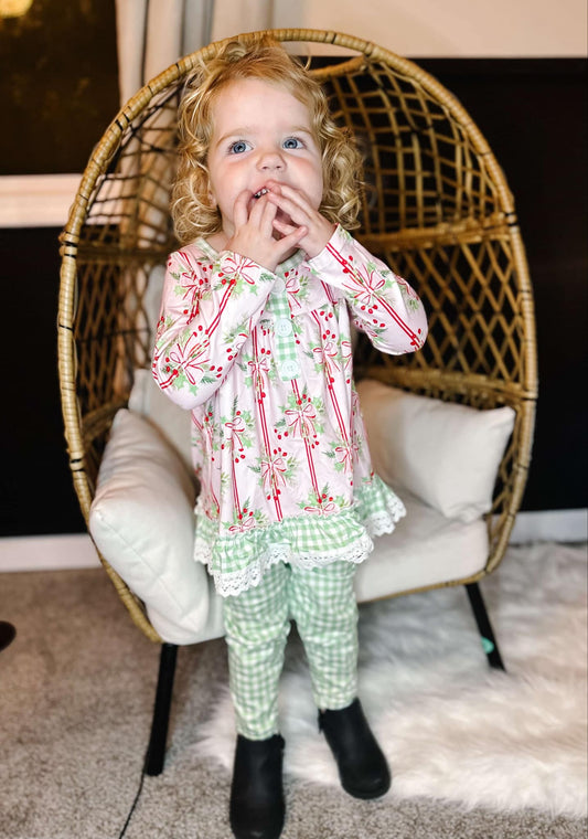 GLP1663 Holly Bows Tunic Top Green Pants Girls Christmas Clothes Set