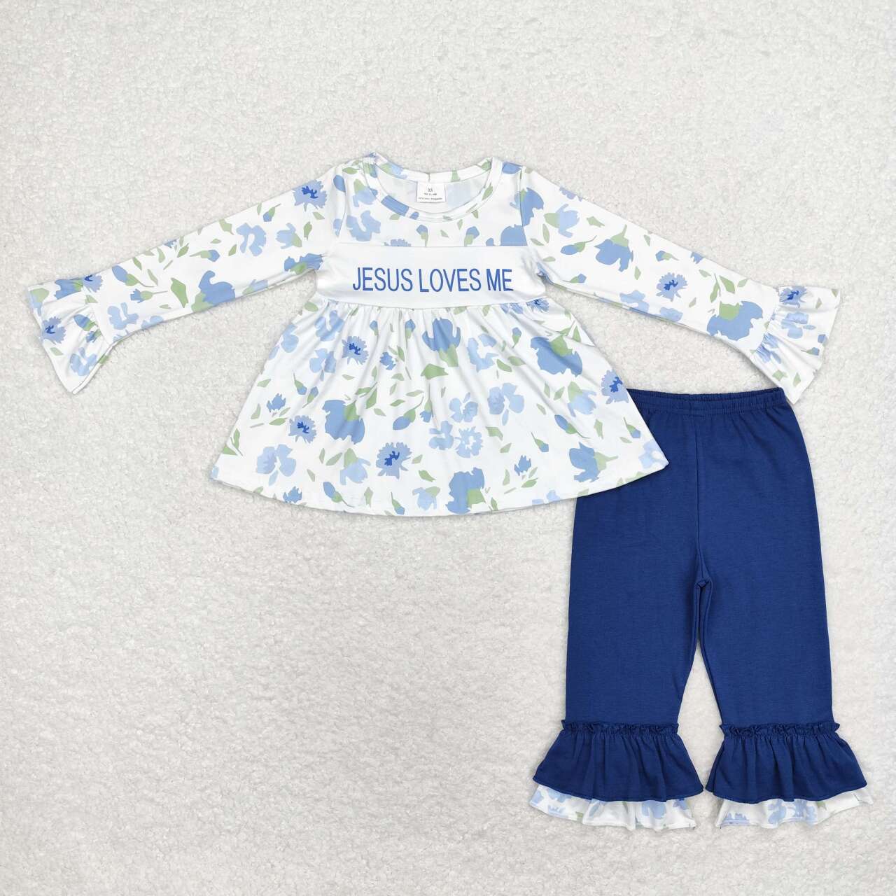GLP1669 Jesus Loves Me Flowers Tunic Top Blue Pants Girls Fall Clothes Set