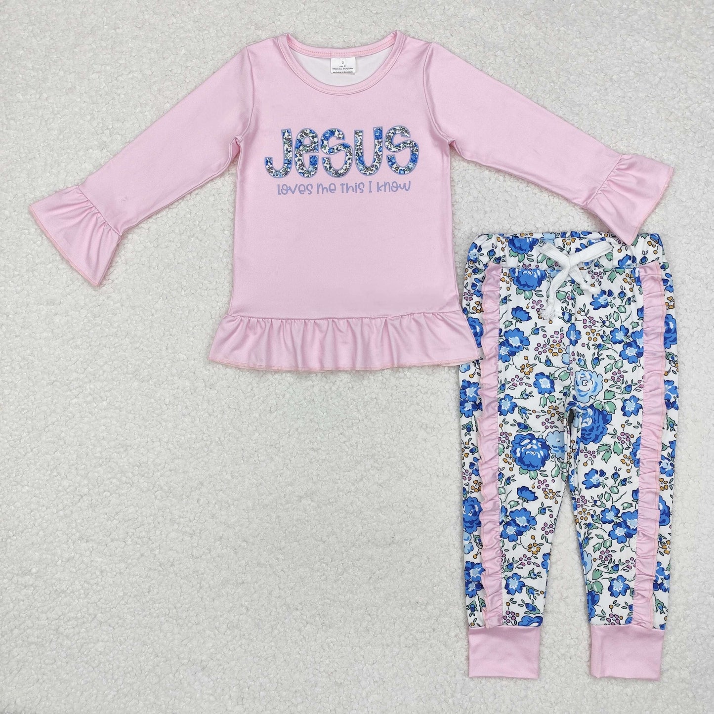 GLP1670 Jesus Pink Top Flowers Pants Girls Fall Clothes Set