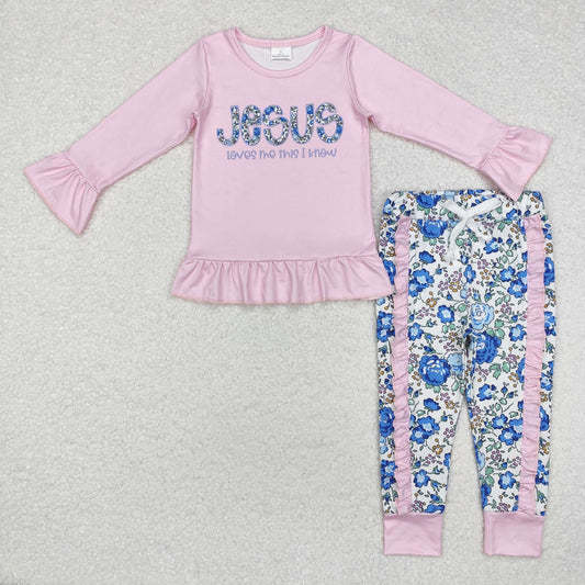 GLP1670 Jesus Pink Top Flowers Pants Girls Fall Clothes Set