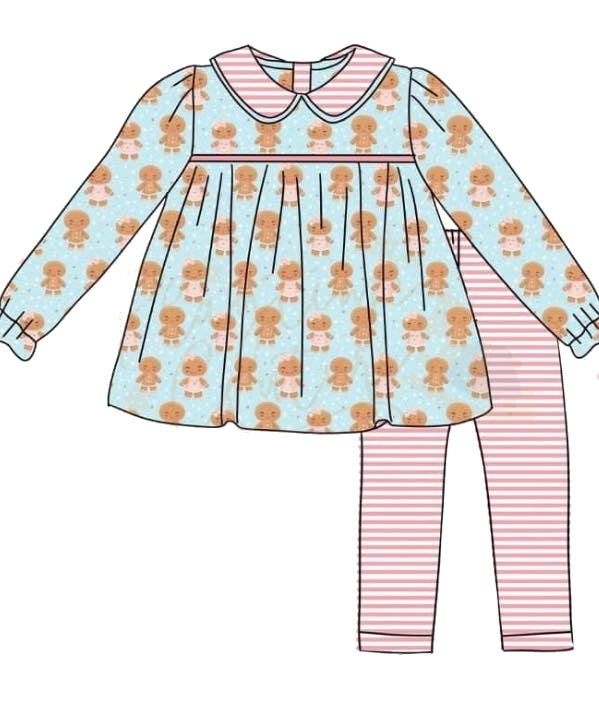 (Pre-order)GLP1678 Gingerbread Tunic Top Pink Stripes Pants Girls Christmas Clothes Set