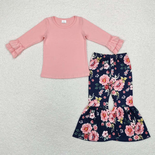 GLP1684 Pink Top Flowers Bell Pants Girls Fall Clothes Set