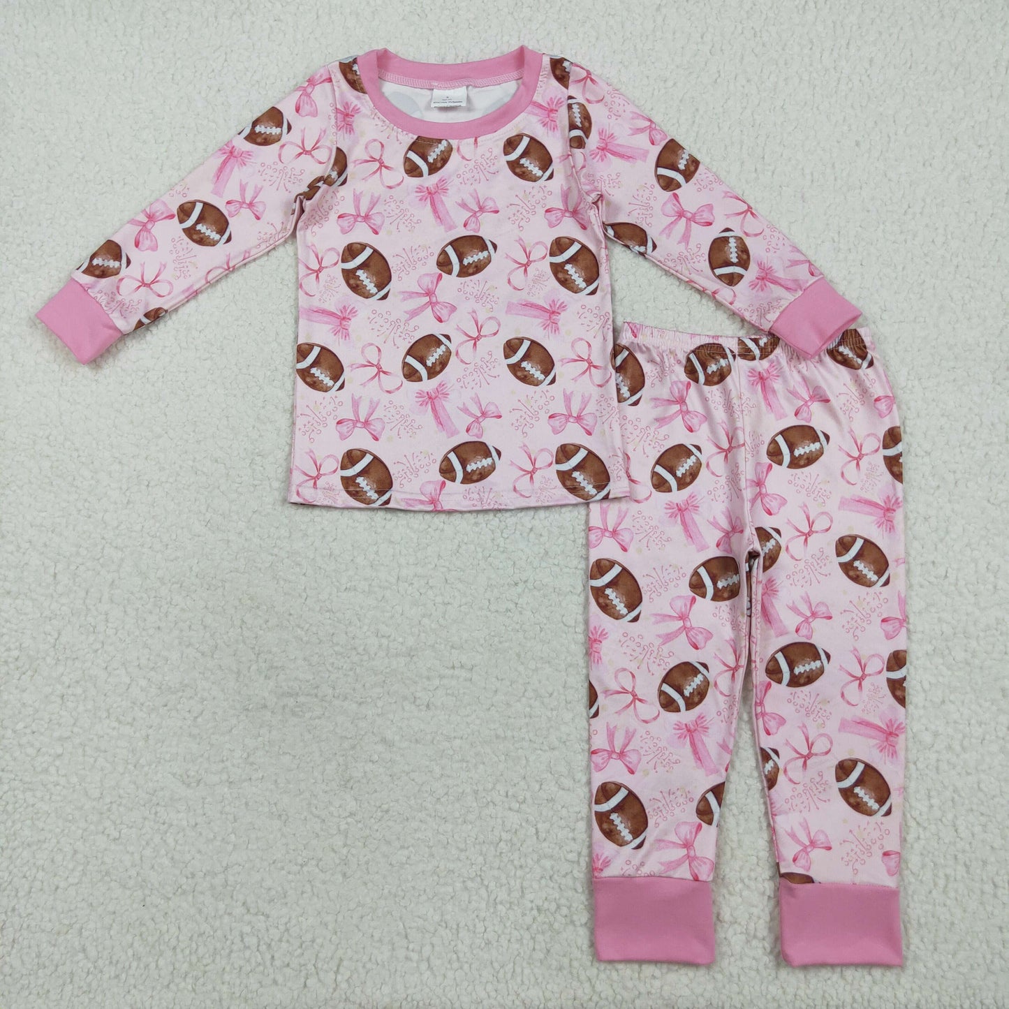 Football Pink Bows Print Girls Pajamas Matching Clothes