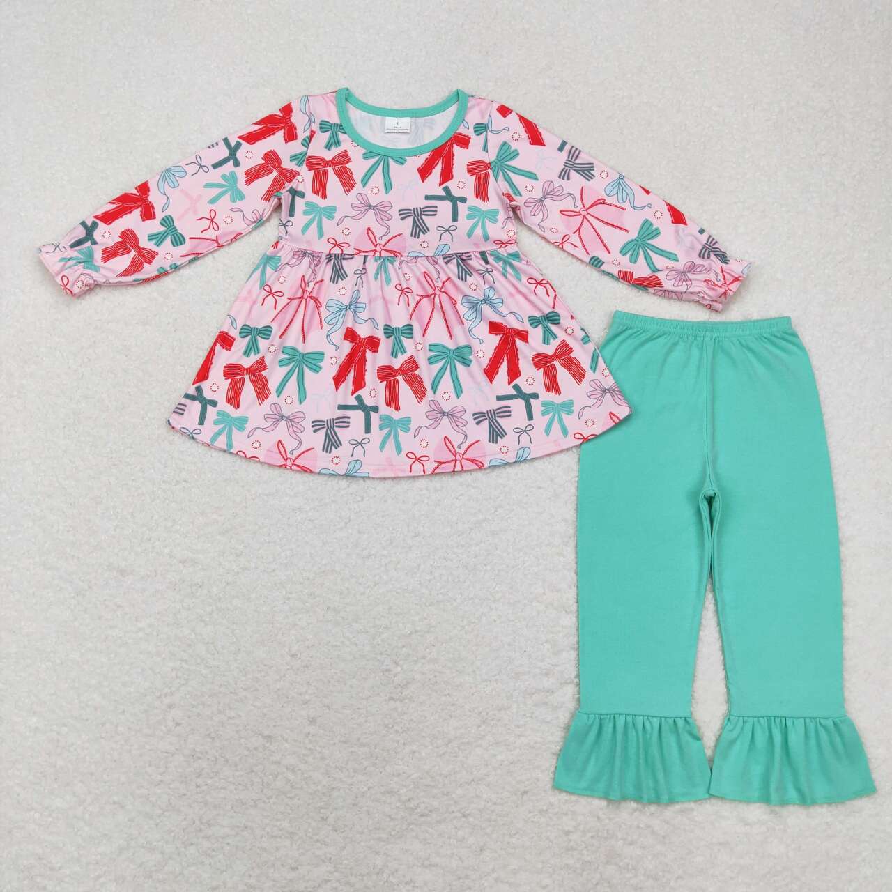 GLP1716 Red Green Bows Tunic Top Green Pants Girls Christmas Clothes Set