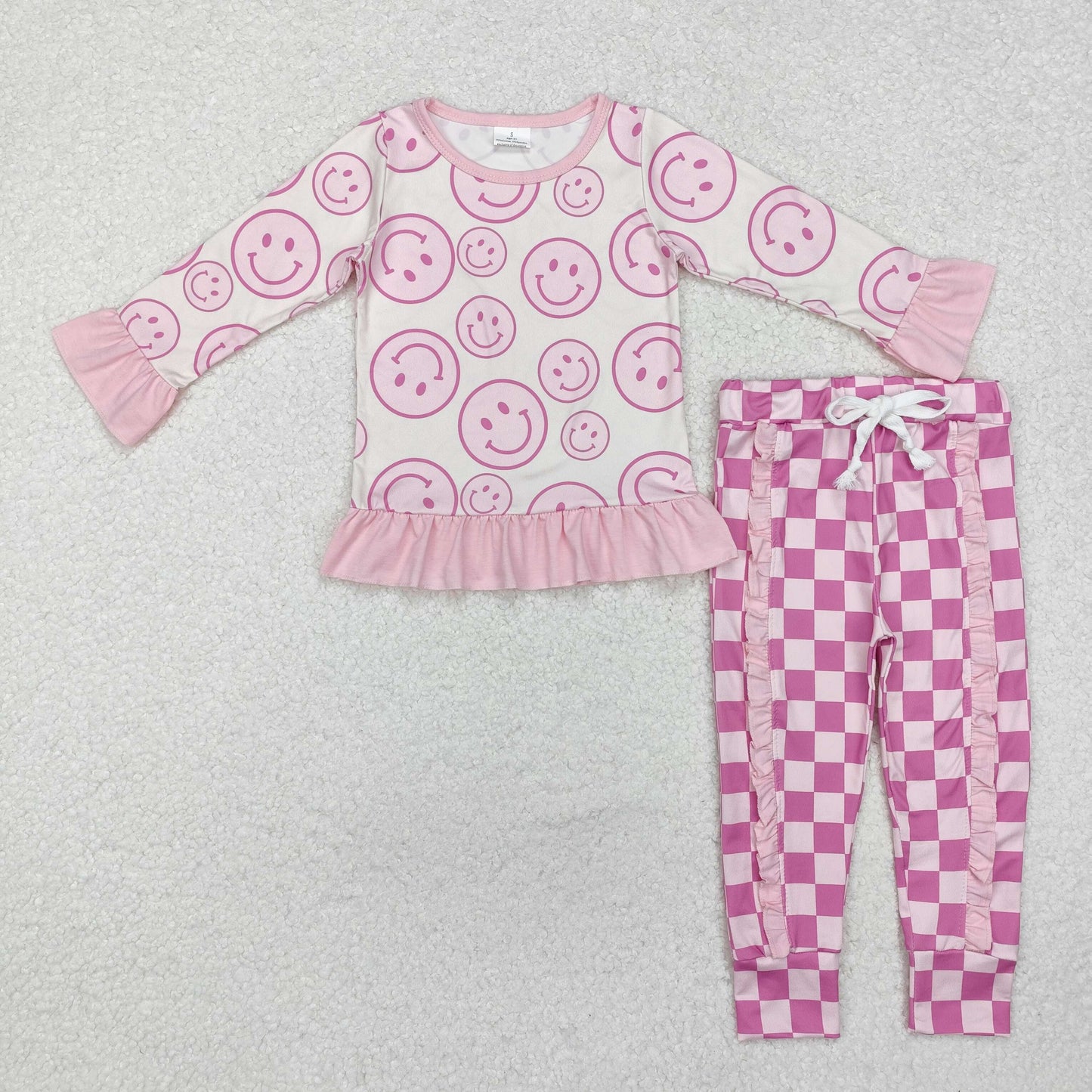 GLP1722 Smiling Face Top Pink Plaid Pants Girls Fall Clothes Set