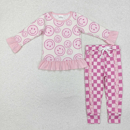 GLP1722 Smiling Face Top Pink Plaid Pants Girls Fall Clothes Set