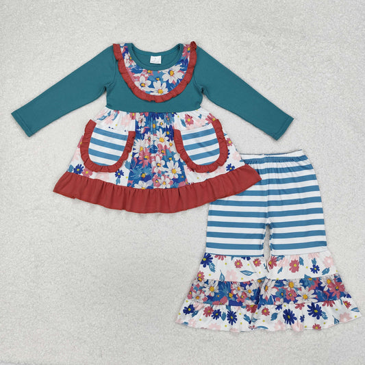 GLP1764 Flowers Pockets Tunic Top Bell Pants Girls Fall Clothes Set