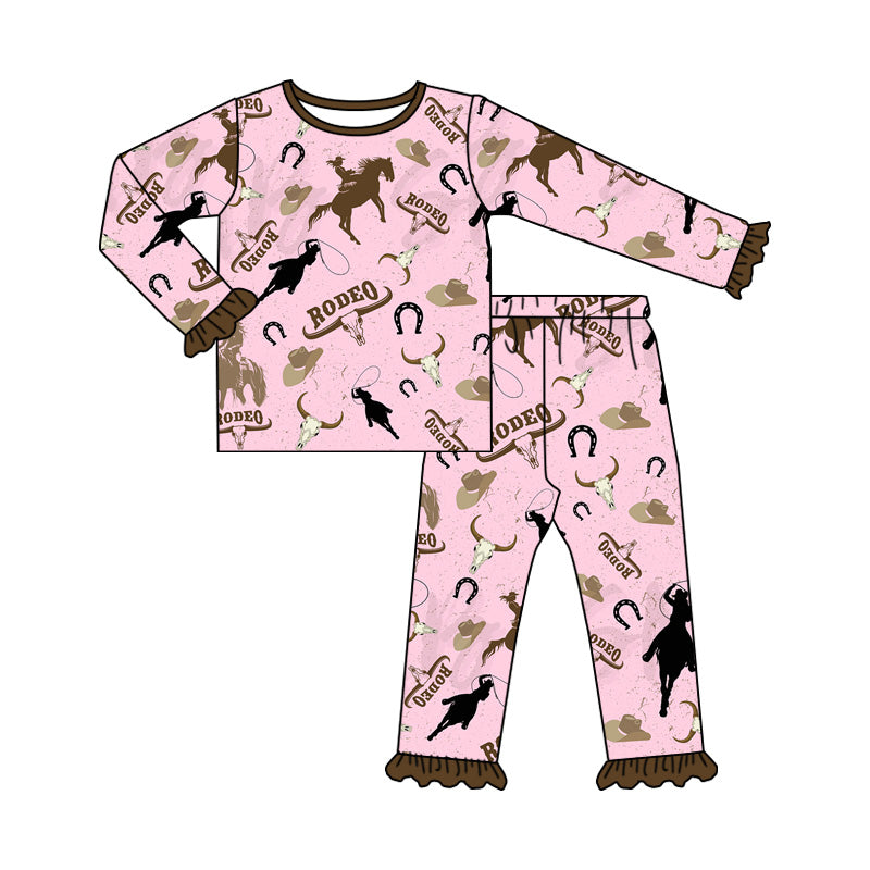 (Pre-order)GLP1789 Rodeo Skull Hat Pink Print Girls Fall Western Pajamas Clothes Set