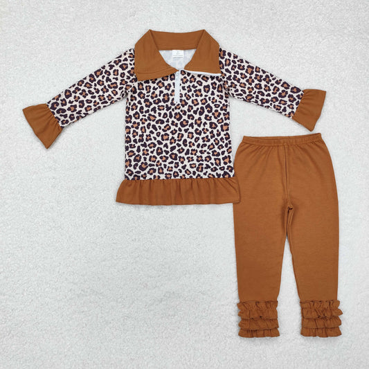 GLP1845 Leopard Zipper Pullover Top Brown Pants Girls Fall Clothes Set