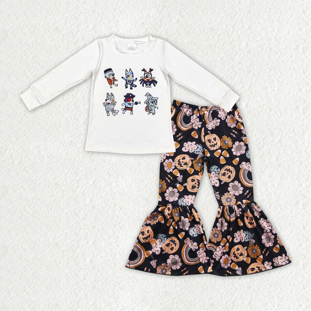 GLP1846 Cartoon Dog Top Pumpkin Flowers Bell Pants Girls Halloween Clothes Set