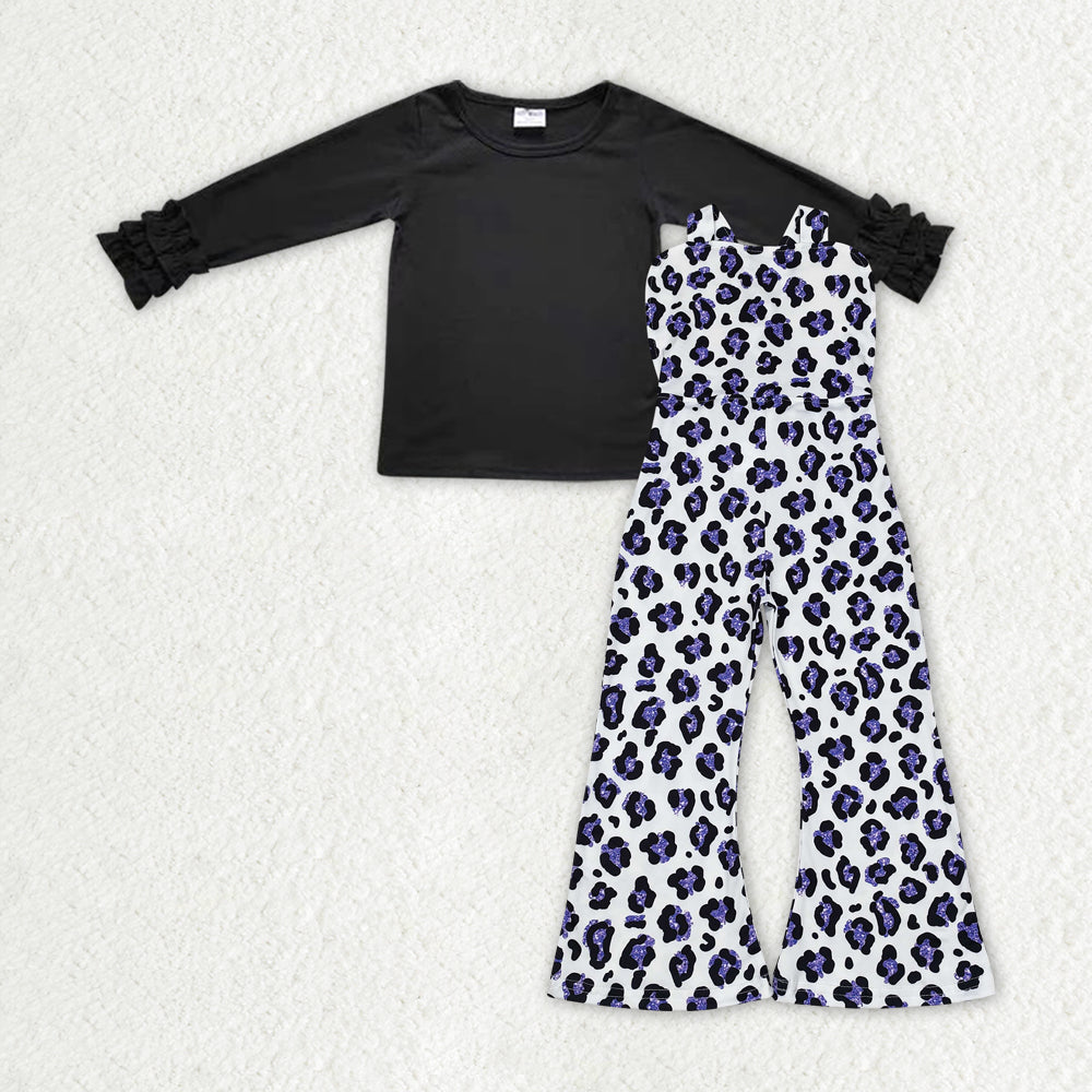 GLP1848 Black Top Purple Leopard Jumpsuits Girls Fall Clothes Set