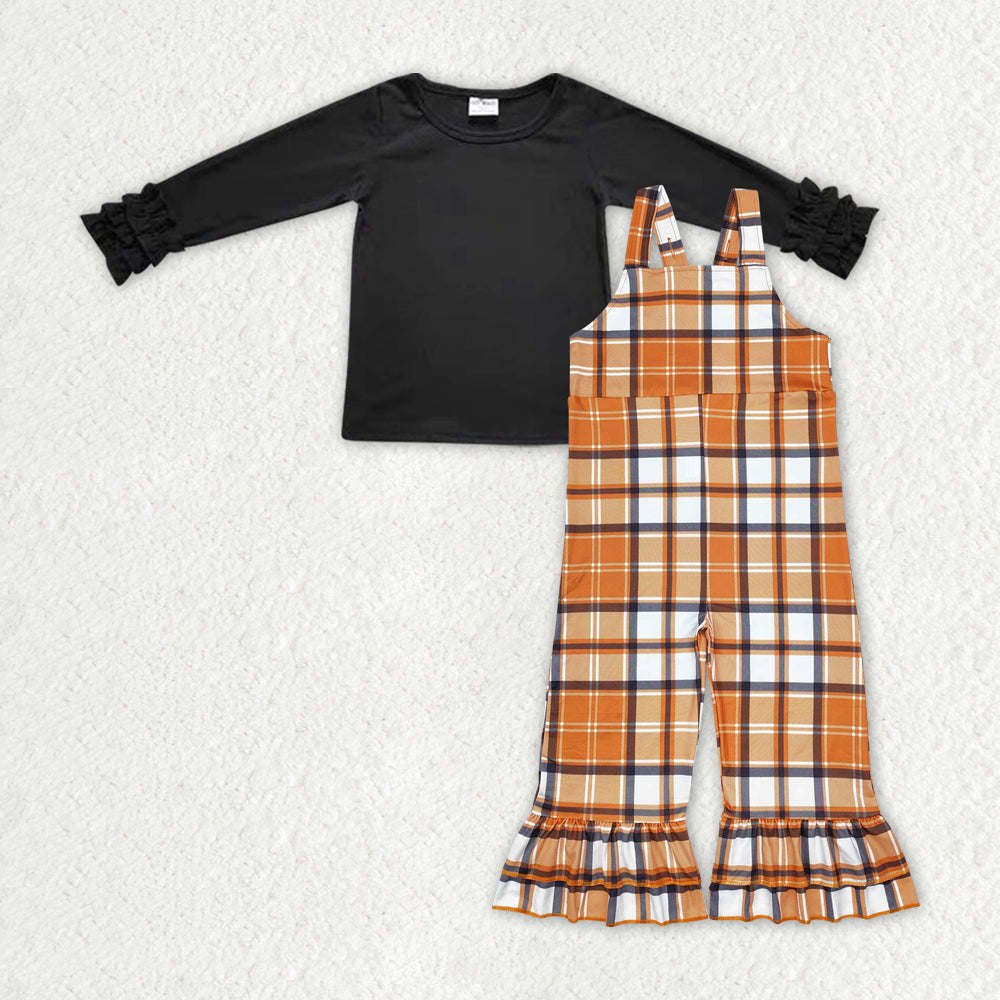GLP1848 Black Top Brown Plaid Jumpsuits Girls Fall Clothes Set