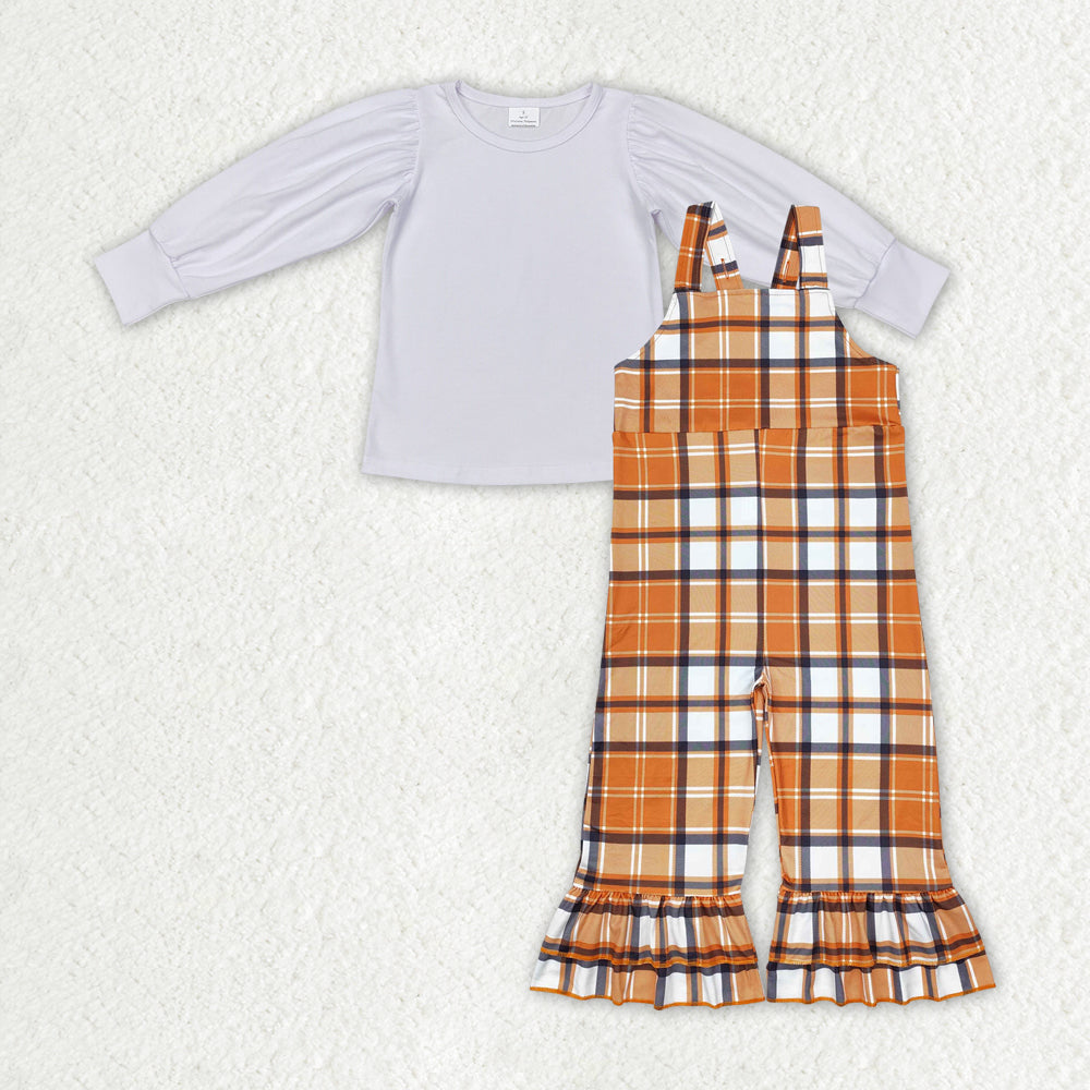 GLP1849 White Top Brown Plaid Jumpsuits Girls Fall Clothes Set
