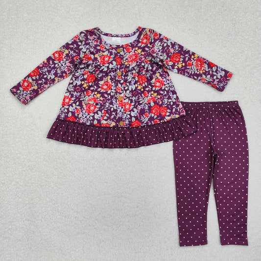 GLP1850 Flowers Purple Pockets Tunic Top Legging Pants Girls Fall Clothes Set