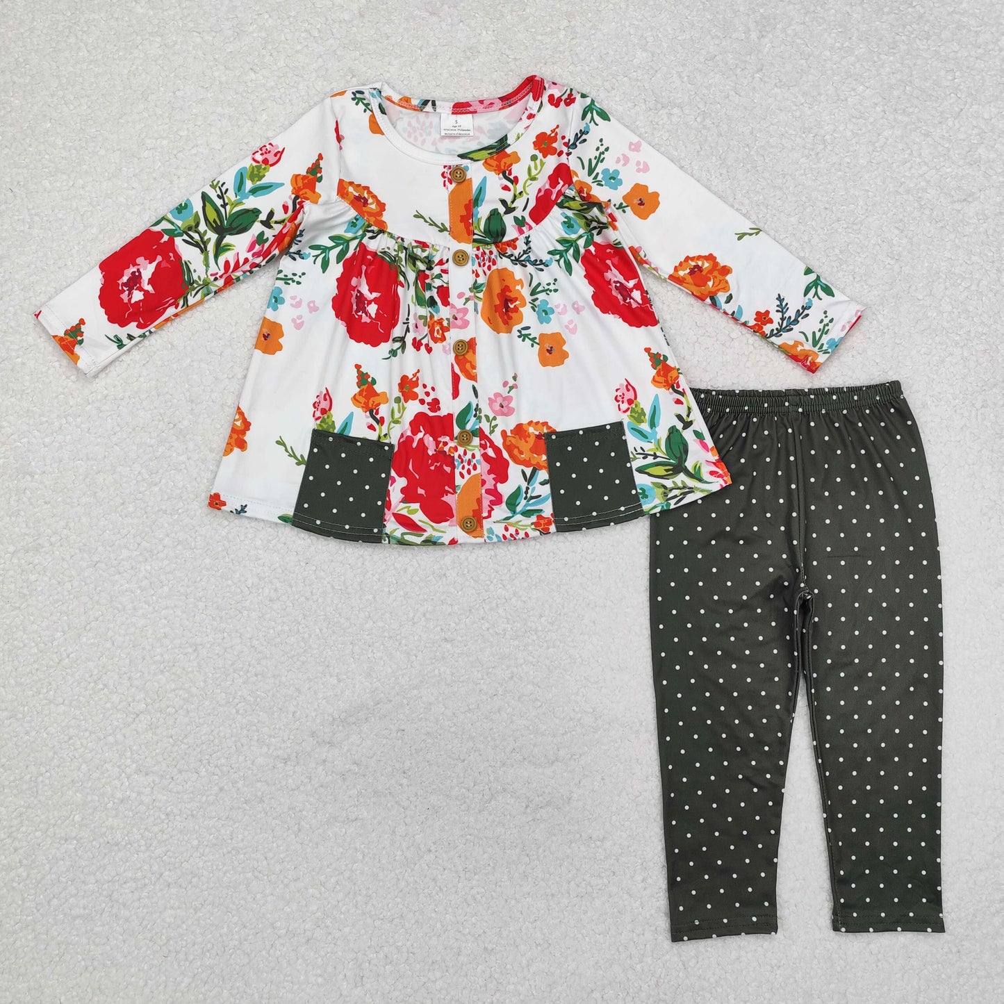 GLP1851 Flowers Pockets Tunic Top Green Dots Pants Girls Fall Clothes Set