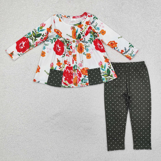 GLP1851 Flowers Pockets Tunic Top Green Dots Pants Girls Fall Clothes Set