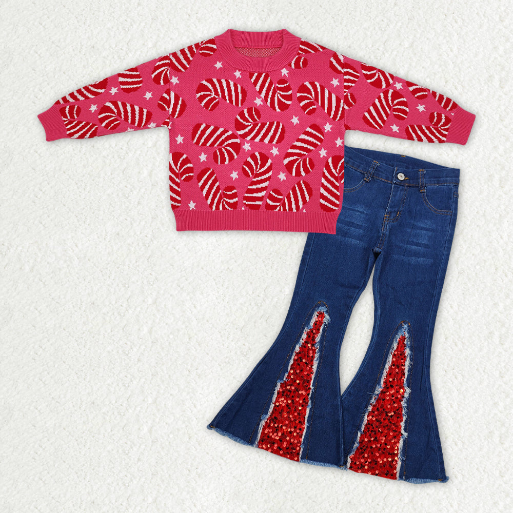 GLP1959 Candy Cane Sweater Top Red Sequin Blue Denim Bell Bottom Pants Girls Christmas Clothes Set