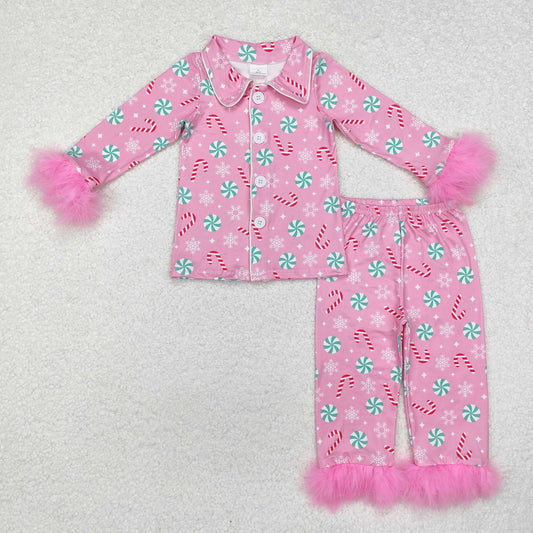 GLP2025 Candy Pink Print Girls Christmas Buttons Fur Pajamas Clothes Set