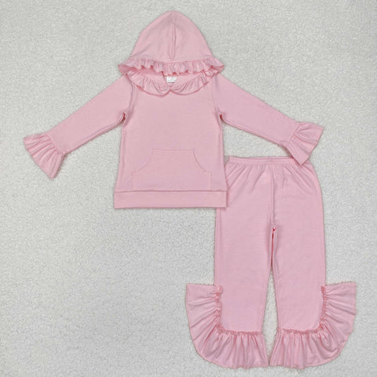 GLP2059  Light Pink Color Girls Fall Ruffle Hoodie Clothes Set
