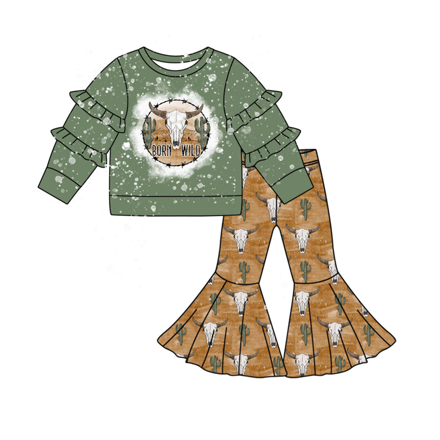 (Pre-order)GLP2068 Wild Green Ruffle Top Bell Pants Girls Western Clothes Set