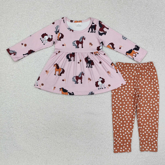 GLP2072  Horse Pink Tunic Top Dots Pants Girls Clothes Set