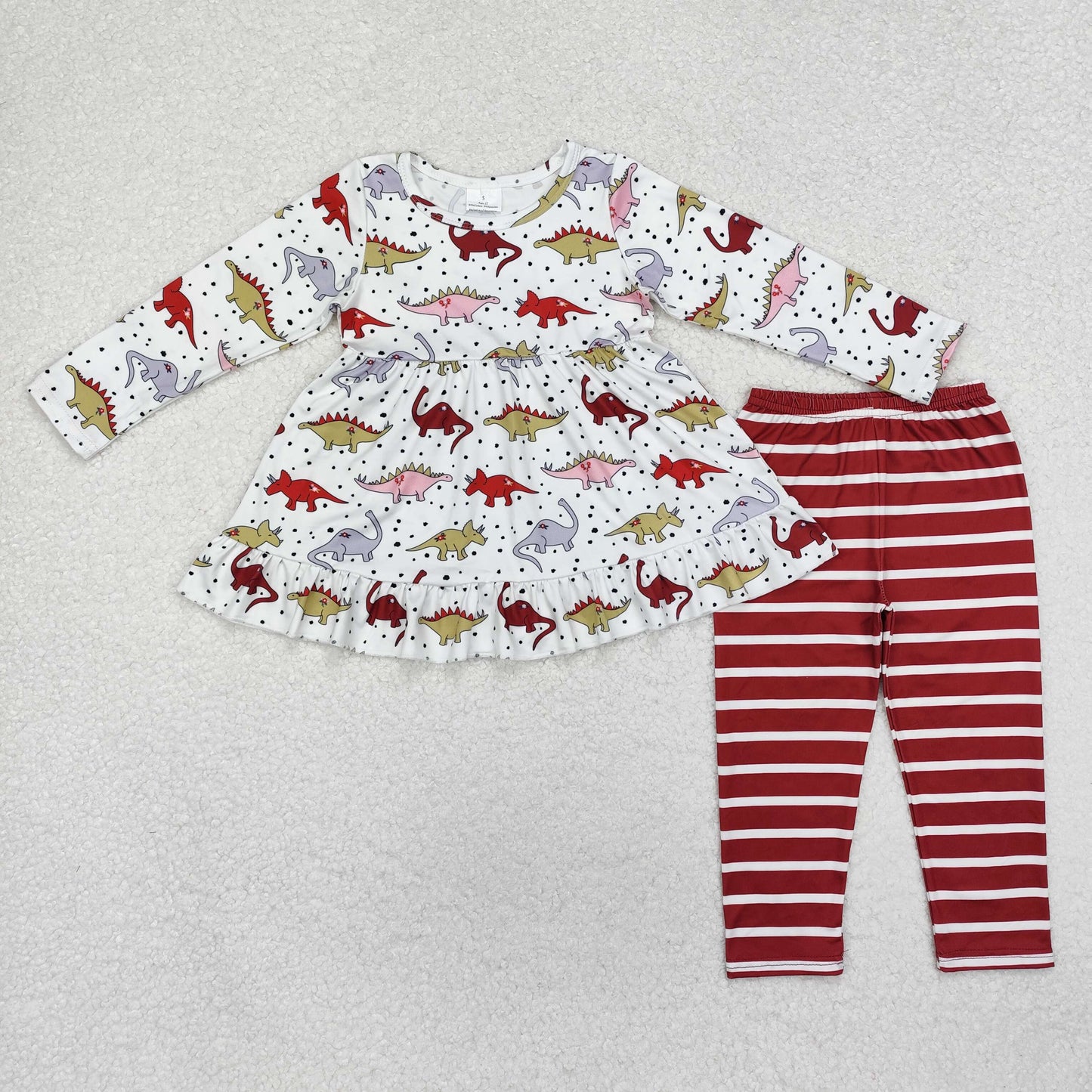GLP2073 Dino Holly Tunic Top Stripes Pants Girls Christmas Clothes Set