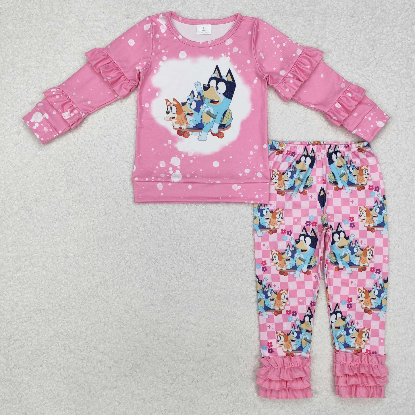 GLP2088 Cartoon Dog Pink Ruffle Top Icing Pants Girls Clothes Set