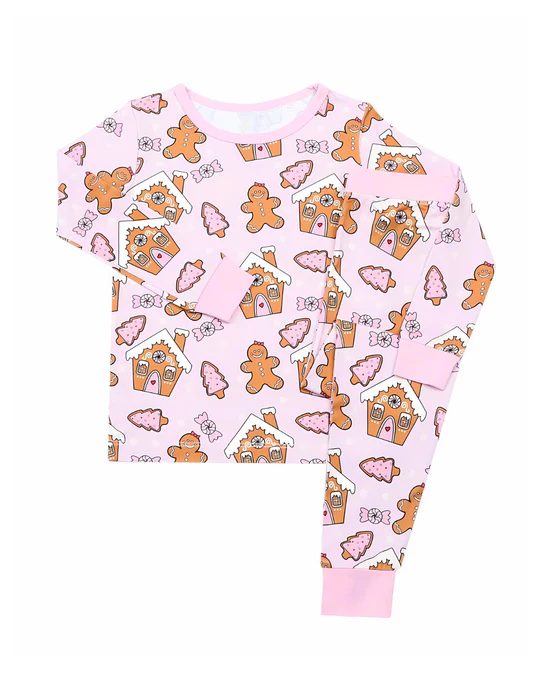 (Pre-order)GLP2091 Canday House Gingerbread Pink Print Girls Christmas Pajamas Clothes Set