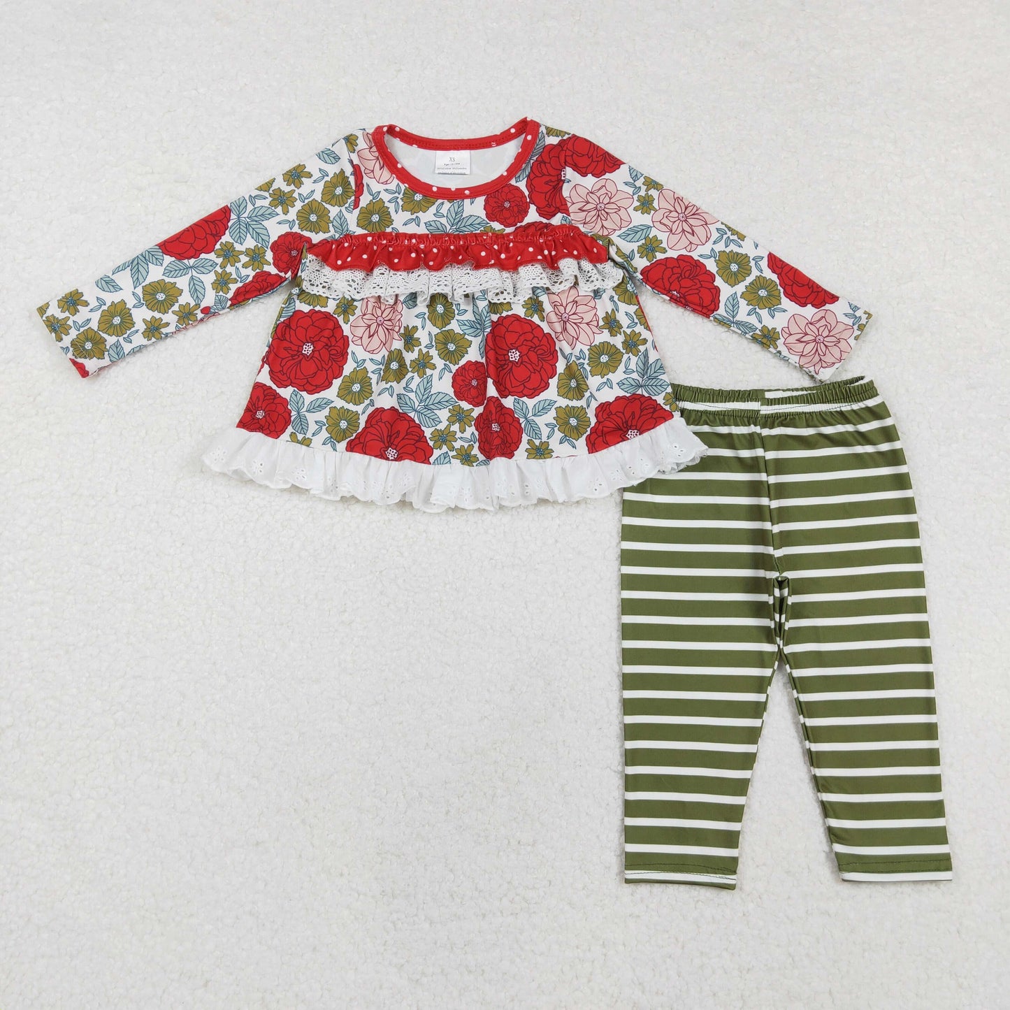 GLP2099 Red Flowers Tunic Top Green Stripes Pants Girls Christmas Clothes Set