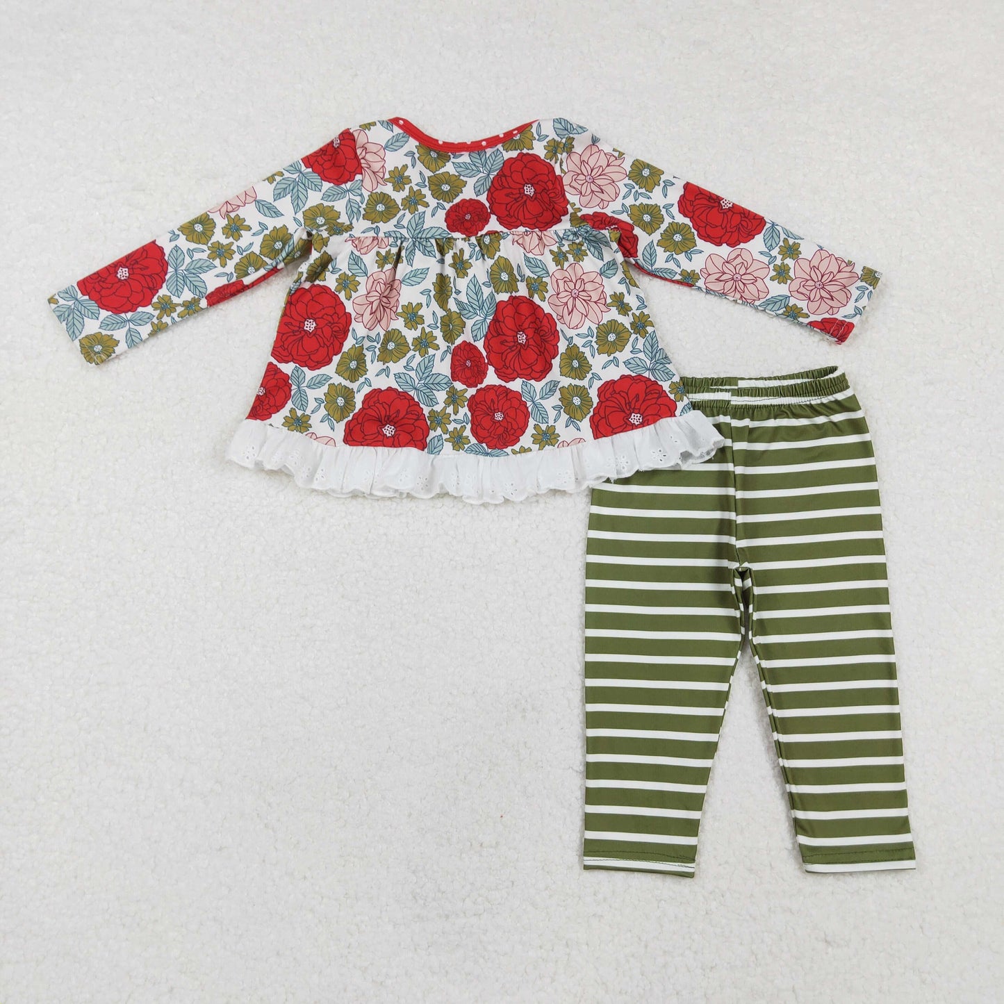 GLP2099 Red Flowers Tunic Top Green Stripes Pants Girls Christmas Clothes Set