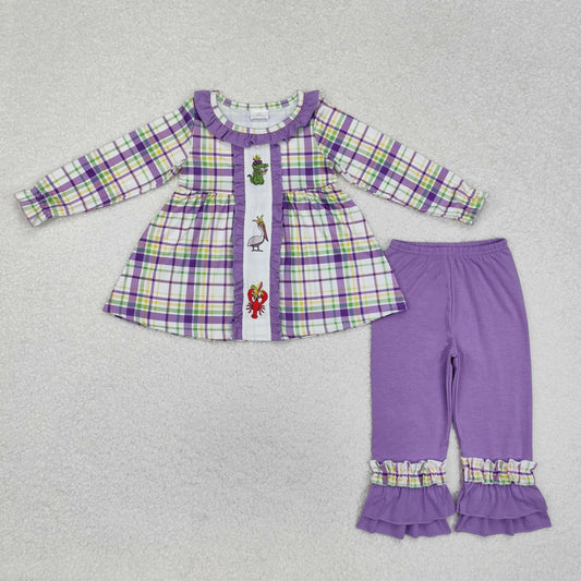 GLP2114  Crocodile Bird Crayfish Plaid Tunic Top Purple Pants Girls Mardi Gras Clothes Set