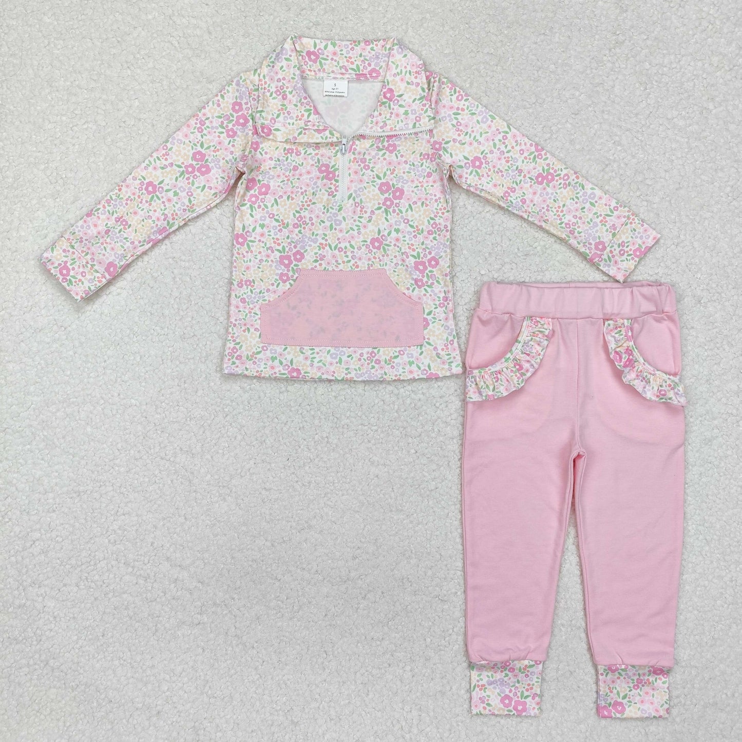 GLP2118 Flowers Zipper Top Pink Pants Girls Spring Clothes Set