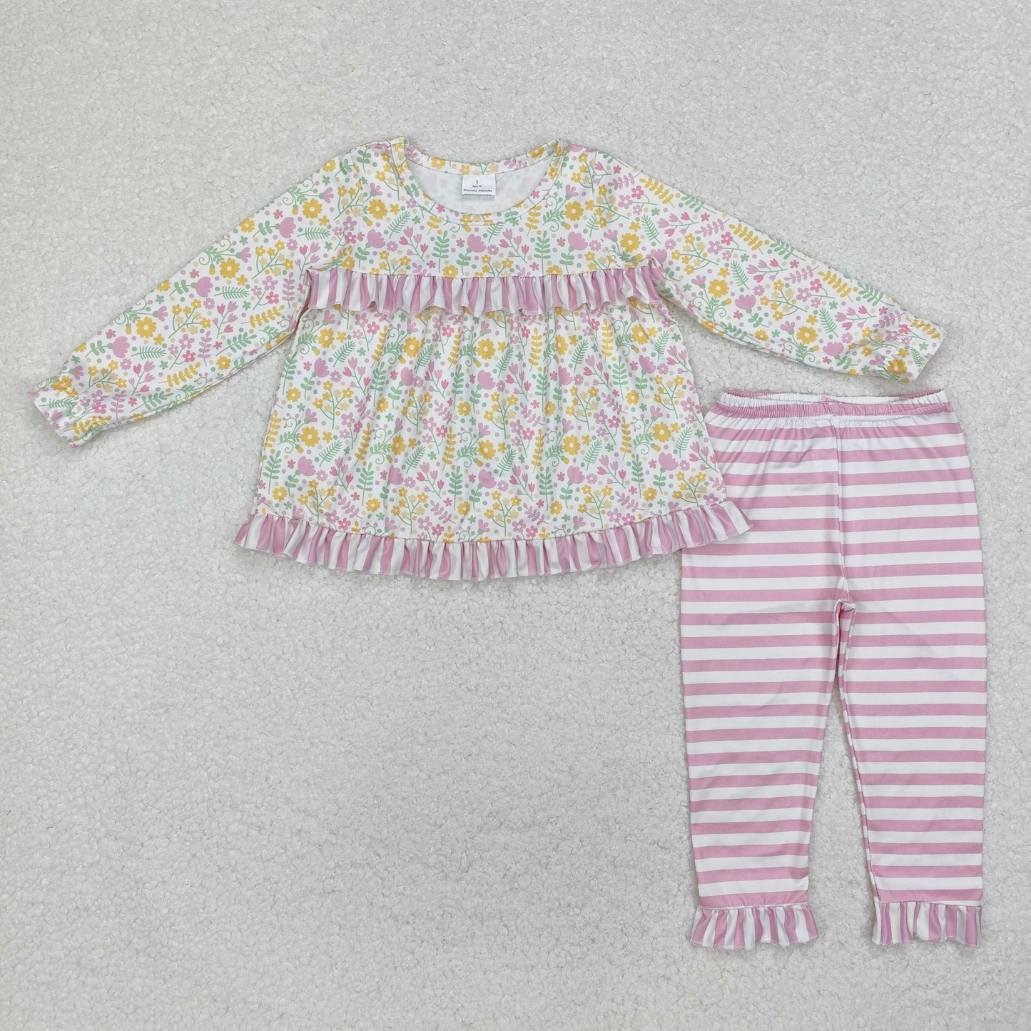 GLP2119 Flowers Tunic Top Stripes Pants Girls Spring Clothes Set